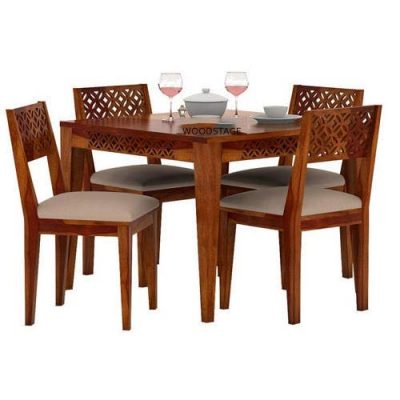 Solid Sheesham Wood 4 Seater Dining Table Set in Honey Finish