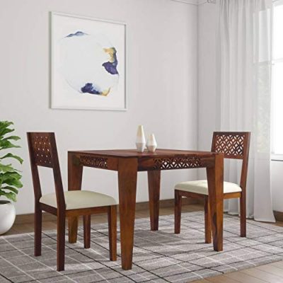Sheesham Wood 2 Seater Dining Table Set with Chairs Wooden Dining Set Funiture with Cushion (Honey Finish)