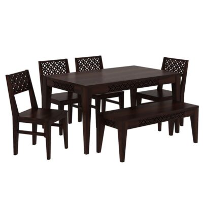 Solid Sheesham Wood 6 Seater Dining Table Set with 4 Chair and 1 Bench for Dining Room  (Walnut Finish)