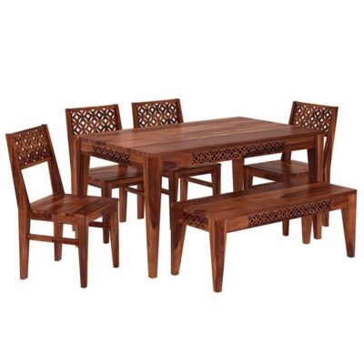 Solid Sheesham Wood Dining Table Set 6 Seater with 4 Chairs and 1 Bench for Dining Room (Honey Finish)