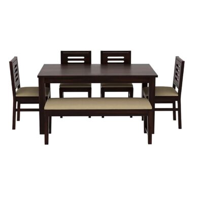 Solid Sheesham Wood 6 Seater Dining Table Set with 4 Cushion Chair and 1 Bench for Dining Room (Walnut Finish)