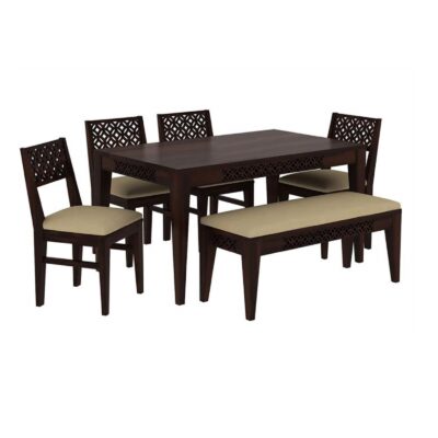 Solid Sheesham Wood 6 Seater Dining Table Set with 4 Cushion Chair and 1 Bench for Dining Room (Walnut Finish)