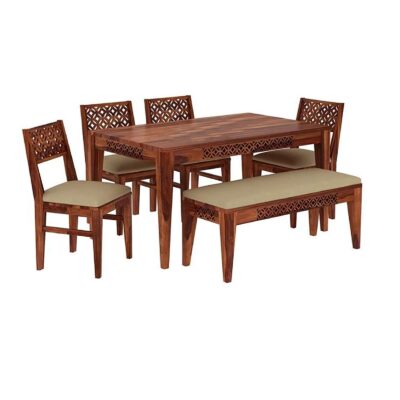 Solid Sheesham Wood 6 Seater Dining Table Set with 4 Cushion Chairs and 1 Bench for Dining Room (Honey Finish)