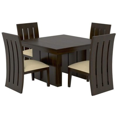 Solid Wood 4 Seater Dining Table Set with Cream Cushioned Chairs for Home (Sheesham Wood, Dark Walnut Finish)