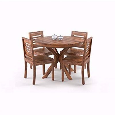 Sheesham Wood Round Dining Table Set with 4 Chairs for Living Room (Natural Honey)
