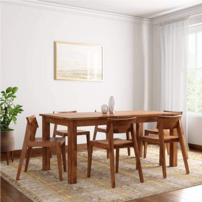 Sheesham Wood Rectangle 6 Seater Dining Table Set (Honey Finish)