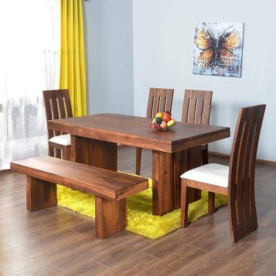 Solid Wood 6 Seater Dining Table Set Furniture for Home with Dining 4 Chairs and 1 Bench (Honey Finish)