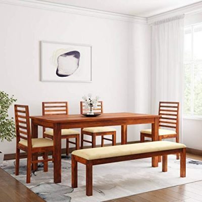 Solid Sheesham Wood 6 Seater Dining Table Set with 4 Cushion Chair and 1 Bench for Dining Room (Honey Finish)