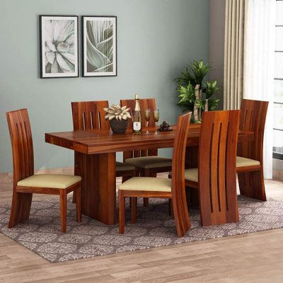 Sheesham Wood 6 Seater Dining Table with 6 Chairs (Honey Finish)