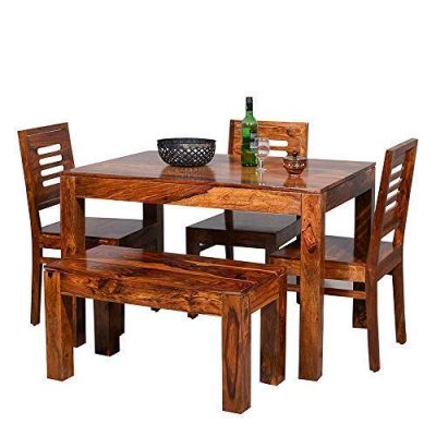 Sheesham Wood 4 Seater Dining Set Furniture for Home with 3 Chair and 1 Bench (Honey Finish)
