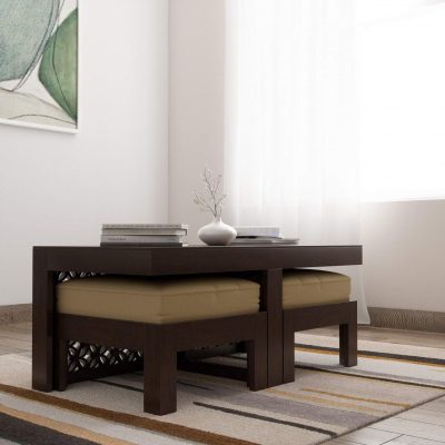 Sheesham Wood Living Room Coffee Table with 2 Stool for Home & Office (Walnut Finish)