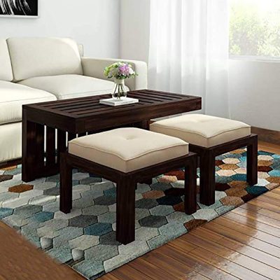 Sheesham Wood Living Room Coffee Table with 2 Stool for Home & Office (Walnut Finish)