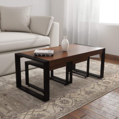 Mango Wood Living Room Coffee Table with 2 Stool for Home & Office (Provential Honey + Black)
