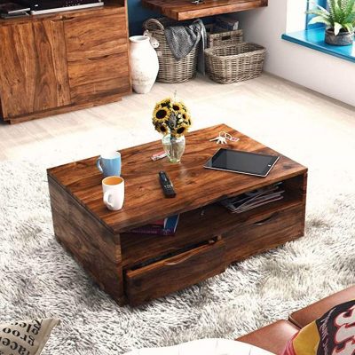 Wooden Furniture Coffee Table | Teapoy | Center Table with Drawer Storage Shelf (Sheesham_Mahogany)