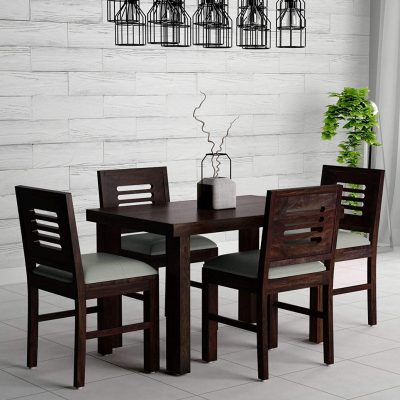 Sheesham Wood Square 4 Seater Dining Table Set with 4 Cushion Chairs (Warm Chestnut Finish)