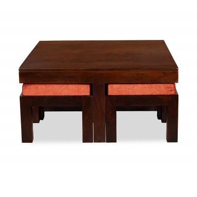 Sheesham Wood Center Coffee Table with 4 Stools for Living Room (Walnut Finish)