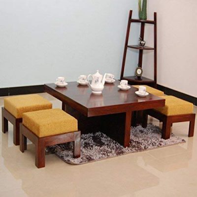 Sheesham Wood Center Coffee\Tea Tables with 4 Stools for Living Room (Walnut Finish)