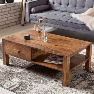 Solid Sheesham Wood Center Coffee Table with 1 Drawer Teapoy Cosy (Natural Honey Finish)