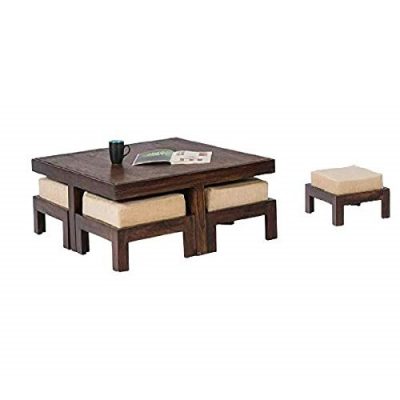 Sheesham Wood Square Coffee Table with 4 Stools for Living Room (Walnut Finish Center Table)