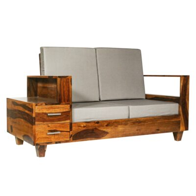 Solid Sheesham Wood 2 Seater Sofa with Drawers in Honey Finish