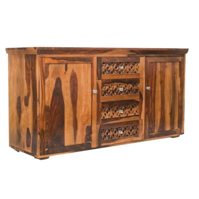 Solid Sheesham Wood Sideboard Cabinet Multipurpose Storage Cabinets with 4 Drawers & 2 Cabinets (Honey Finish)