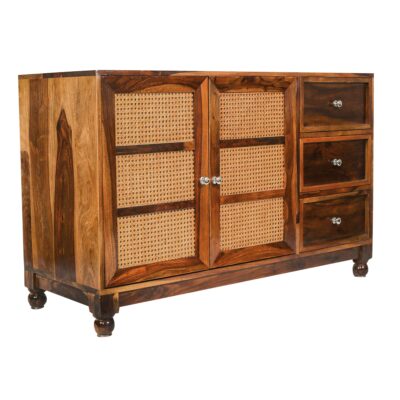 Solid Sheesham Wood Cane Work Sideboard Cabinet with Drawers (Teak Finish)