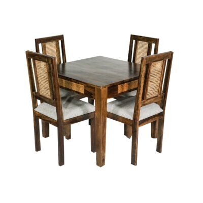 Solid Sheesham Wood 4 Seater Cane Work Dining Table Set with Chairs (Light Walnut Finish)