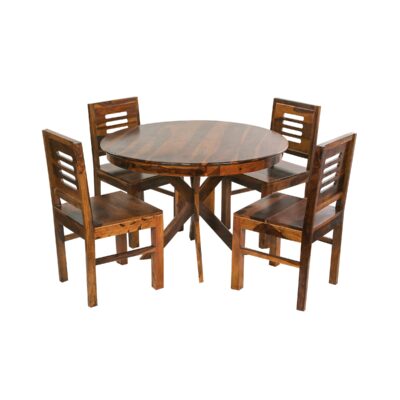 Sheesham Wood 4 Seater Round Dining Table Set (Honey Finish)