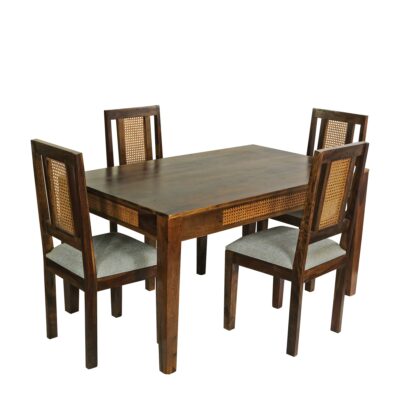 Sheesham Wood 4 Seater Cane Work Dining Table with 4 Chairs (Light Walnut Finish)
