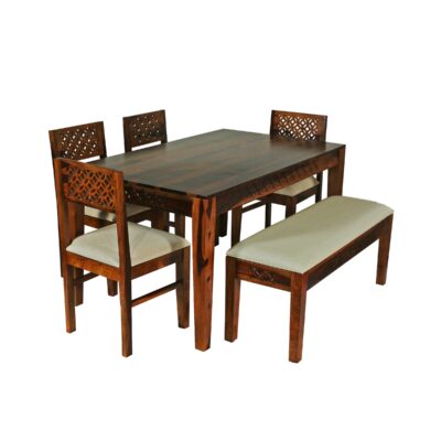 Solid Sheesham Wood 6 Seater Dining Table Set with 4 Cushion Chairs and 1 Bench for Dining Room (Honey Finish)