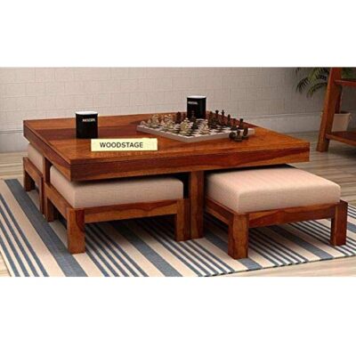 Sheesham Wood Square Centre Coffee Table with 4 Stool for Living Room (Mahogany Finish)