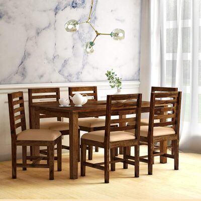 Wooden Dining Table 6 Seater with Cushions in Brown Finish