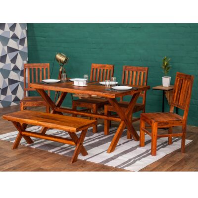 Solid Sheesham Wood 6 Seater Dining Sets in Honey Finish