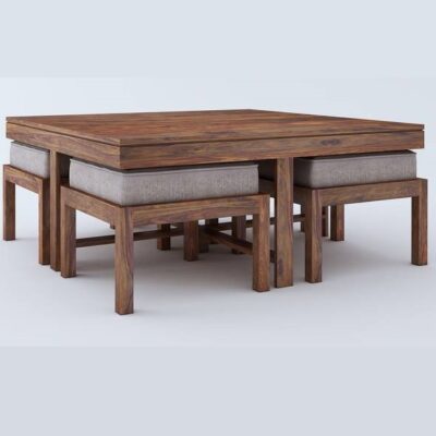 Solid Sheesham Wood Coffee Table Set with Stools in Natural Finish