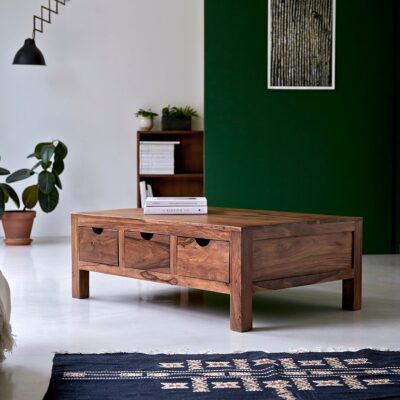 Solid Sheesham Wood Coffee Table with 6 Drawers in Natural Finish