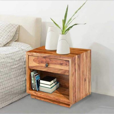 Solid Wood Bedside End Table with Drawer (Natural Brown Finish)
