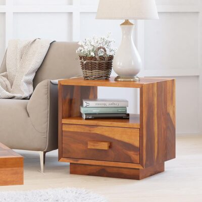 Solid Sheesham Wood Bedside Table with Drawer in Natural Brown Finish