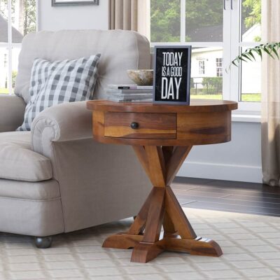 Sheesham Wood Bedside End Table with Drawer in Natural Finish