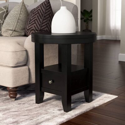 Solid Wood Round Top Bedside End Table with Drawer in Walnut Finish