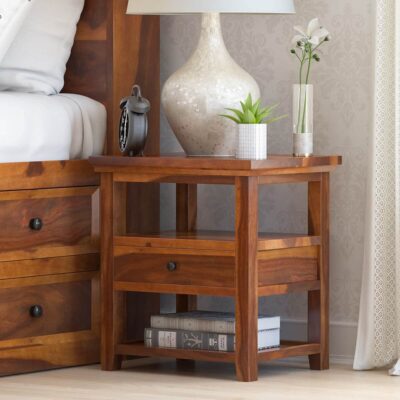 Sheesham Wood Bedside Table with Drawer in Natural Finish