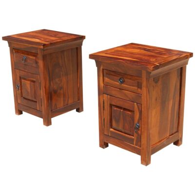 Solid Wood Bedside Table Set of 2 in Natural Brown Finish