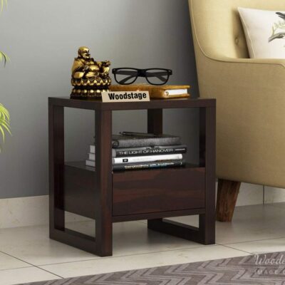 Sheesham Wood Bedside End Table with Drawer Walnut Finish