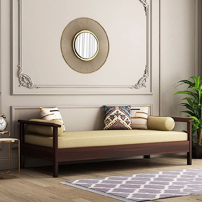 Solid Sheesham Wood Sofa Cum Diwan for Living Room in Walnut Finish