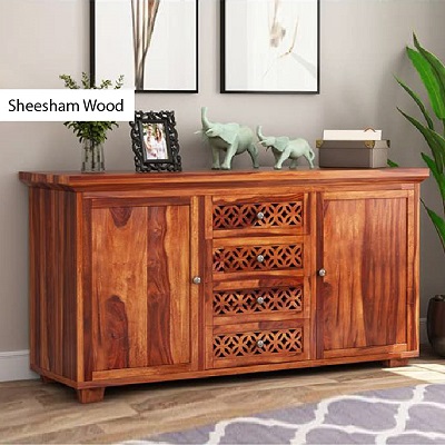 Solid Sheesham Wood Sideboard Storage Cabinets with 4 Drawers & 2 Cabinets for Living Room in Honey Finish