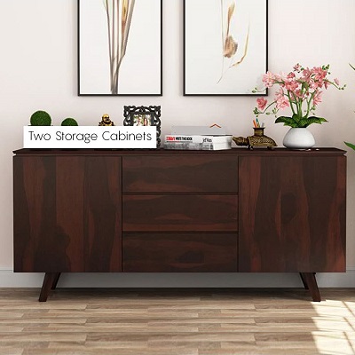 Solid Sheesham Wood Sideboard Storage Cabinets with 3 Drawers & 2 Cabinets for Living Room in Walnut Finish
