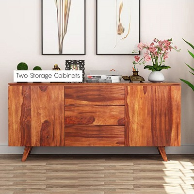 Solid Sheesham Wood Sideboard Cabinets with 3 Drawers & 2 Cabinets for Living Room in Honey Finish