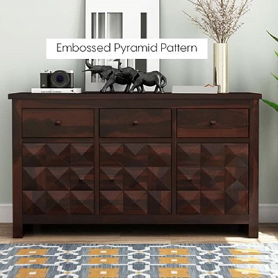 Solid  Sheesham Wood Sideboard Cabinets with 3 Drawers & 3 Cabinets for Living Room in Walnut Finish