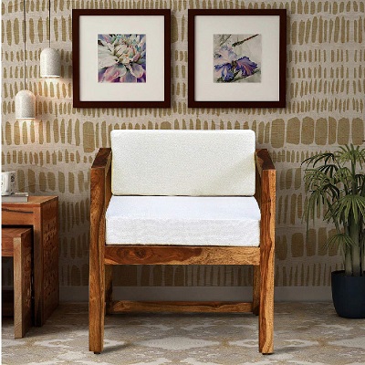 Solid Sheesham Wood Armchair With Cushions for Home in Rustic Teak Finish