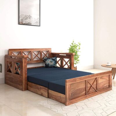 Solid Sheesham Wood 2 Seater Sofa Cum Bed for Home Living Room – Blue cushions (Teak Finish)