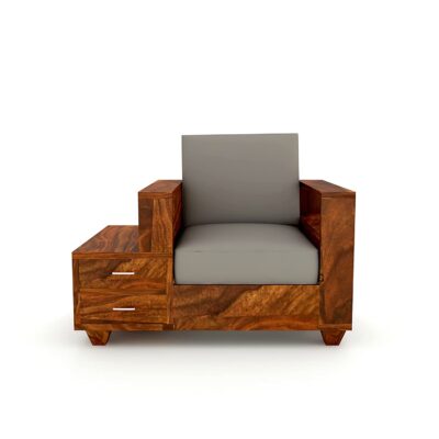 Solid Sheesham Wood Single Seater Sofa for Living Room with 2 Drawers in Teak Finish